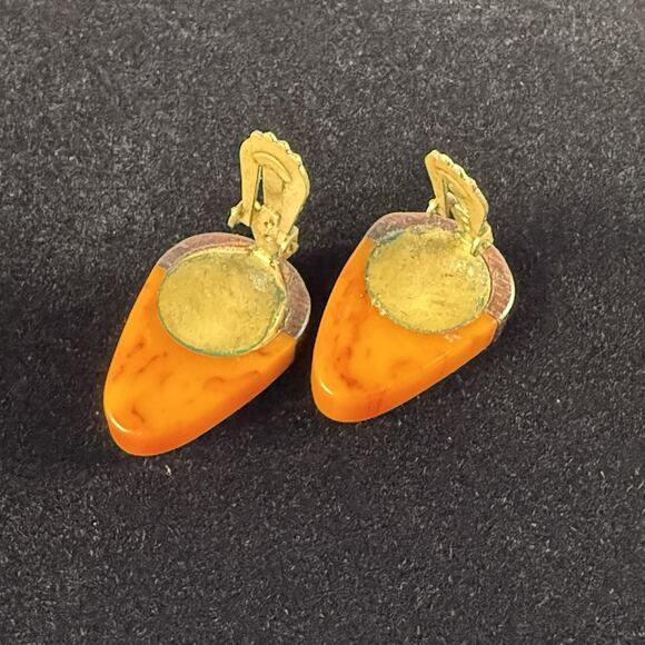 Rare Bakelite Wood Clip On Earrings 1940s Butterscotch Catalin Mid Century VTG - Picture 7 of 8